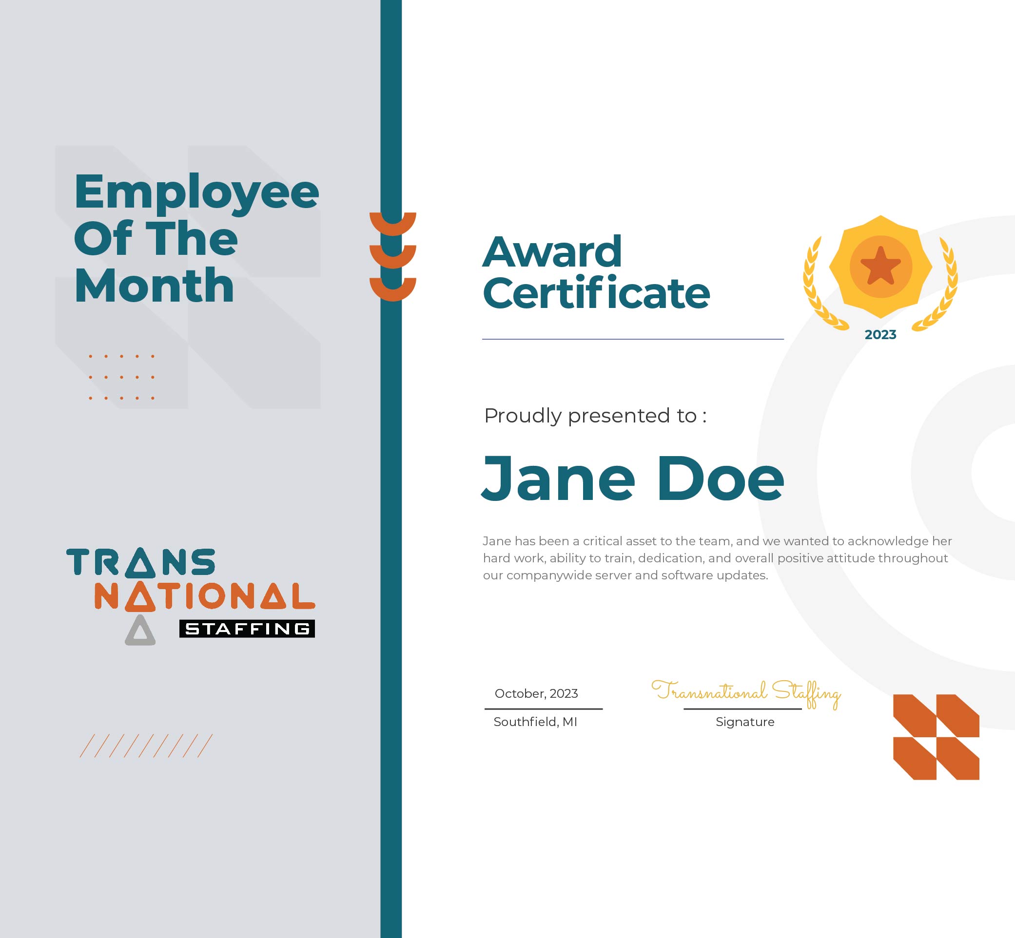 Employee of the month award certificate