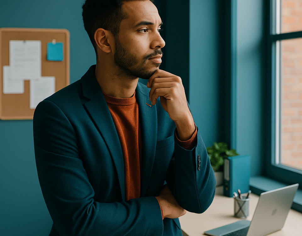 A young professional man in a teal blazer and rust-orange sweater stands in a modern office, thoughtfully gazing out the window.