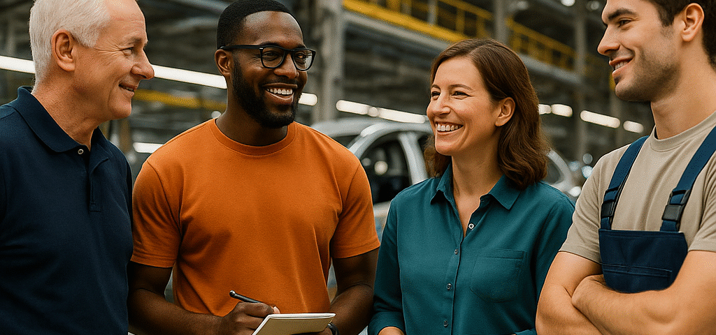 Four diverse team members from different generations collaborating on the factory floor of a Detroit-area manufacturing facility, symbolizing generational diversity in the workplace