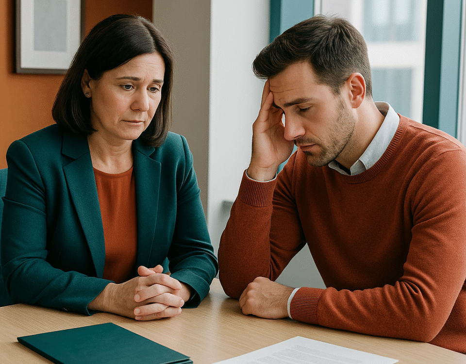 A professional woman in a teal blazer sits with a concerned expression across from a distressed man in a rust-colored sweater during a serious conversation in a modern office.