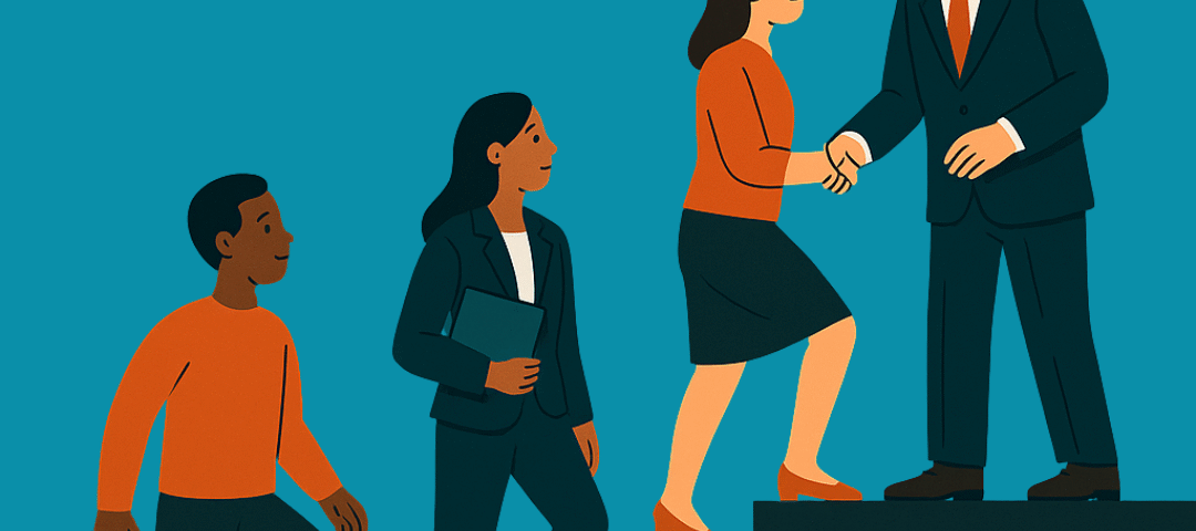 An illustration depicting diverse individuals ascending a staircase with an upward arrow, symbolizing career progression and talent development. A senior leader at the top shakes hands with a climbing employee, representing internal promotion and mentorship.