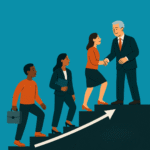 An illustration depicting diverse individuals ascending a staircase with an upward arrow, symbolizing career progression and talent development. A senior leader at the top shakes hands with a climbing employee, representing internal promotion and mentorship.