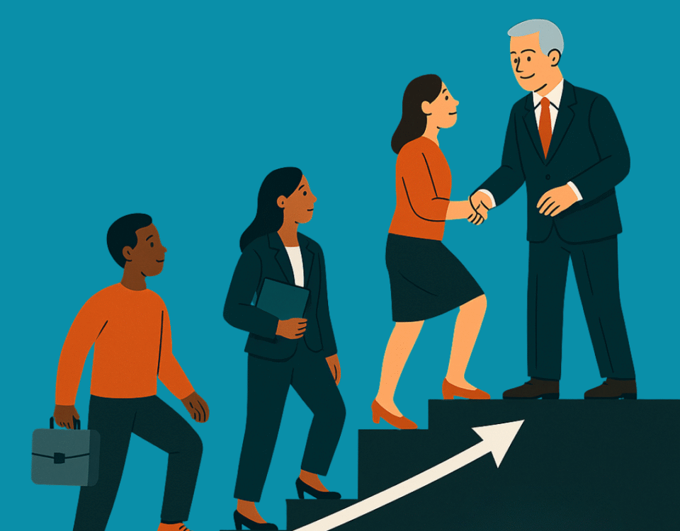 An illustration depicting diverse individuals ascending a staircase with an upward arrow, symbolizing career progression and talent development. A senior leader at the top shakes hands with a climbing employee, representing internal promotion and mentorship.