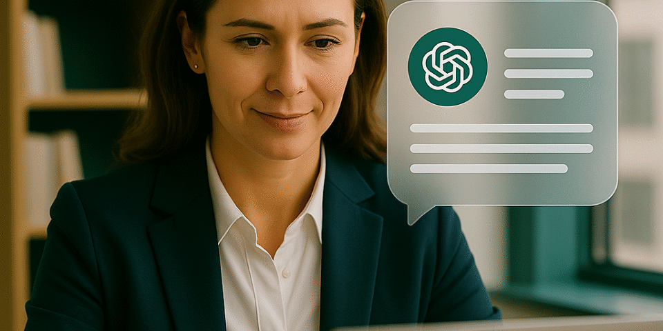 Professional woman in business attire using a laptop with a generative AI chat interface icon displayed beside her.