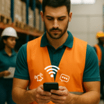 A male warehouse worker in an orange safety vest looks at his smartphone, with icons representing messages and notifications overlaid on the screen. Other workers in safety gear are visible in the background.