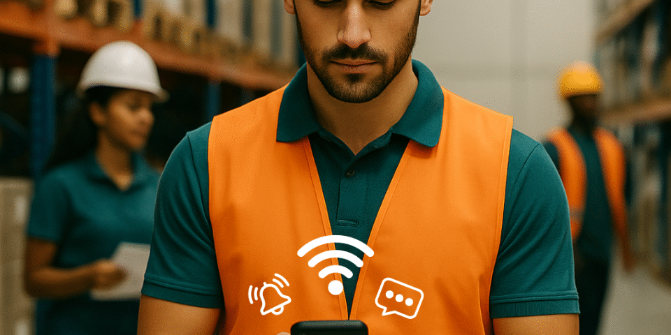 A male warehouse worker in an orange safety vest looks at his smartphone, with icons representing messages and notifications overlaid on the screen. Other workers in safety gear are visible in the background.