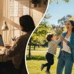 A split image showing work-life balance. On the left, a person works at a desk with a laptop. On the right, the same person is seen laughing and playing with a child in a park.