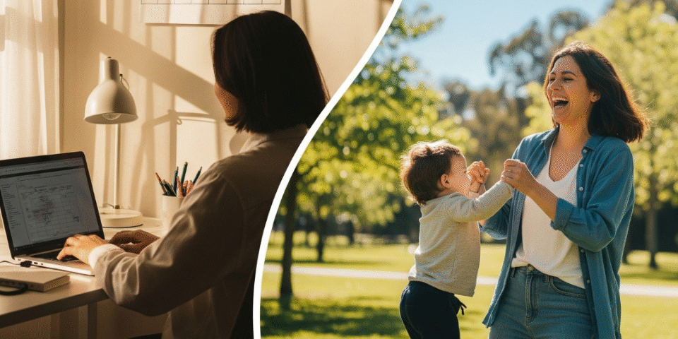 A split image showing work-life balance. On the left, a person works at a desk with a laptop. On the right, the same person is seen laughing and playing with a child in a park.