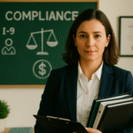 A professional woman holding binders, standing in front of a chalkboard with "Compliance," "I-9," and a scale of justice drawn on it.