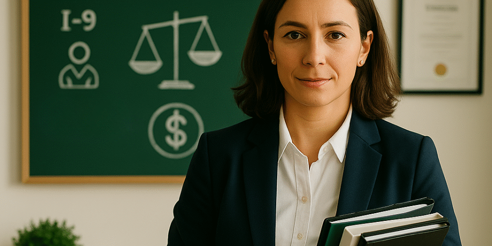 A professional woman holding binders, standing in front of a chalkboard with "Compliance," "I-9," and a scale of justice drawn on it.