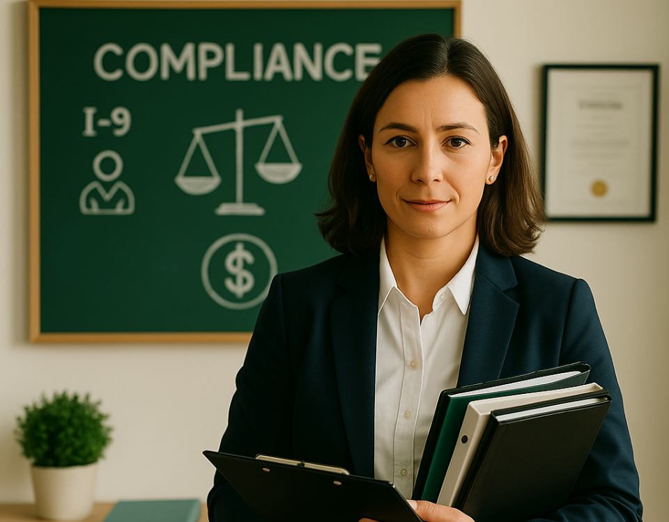 A professional woman holding binders, standing in front of a chalkboard with "Compliance," "I-9," and a scale of justice drawn on it.