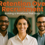 Three diverse professionals smiling confidently in a modern office hallway, representing workforce retention and employee engagement.
