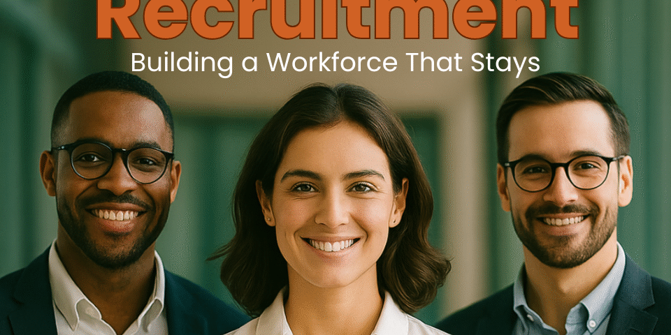 Three diverse professionals smiling confidently in a modern office hallway, representing workforce retention and employee engagement.