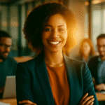 A professional woman stands out in a modern office setting, glowing with warm light as she collaborates with slightly blurred coworkers in the background. The image uses teal and orange tones to symbolize leadership, confidence, and focus in the workplace.