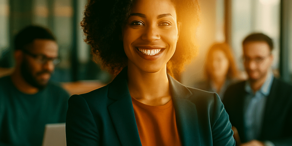 A professional woman stands out in a modern office setting, glowing with warm light as she collaborates with slightly blurred coworkers in the background. The image uses teal and orange tones to symbolize leadership, confidence, and focus in the workplace.