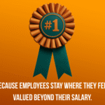 An award ribbon in teal and orange colors with "#1" in the center, placed against a bright orange background. Below the ribbon, bold text reads, "Because employees stay where they feel valued beyond their salary."