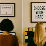 A split-screen photo showing two professionals working at desks from behind. On the left, a woman with curly hair works at a computer beneath a framed diploma on the wall. On the right, a blonde woman works at her desk with sticky notes surrounding her monitor and a framed motivational quote above that reads "CHOOSE YOUR HARD." The contrast highlights credential-based hiring versus skills and problem-solving aptitude.