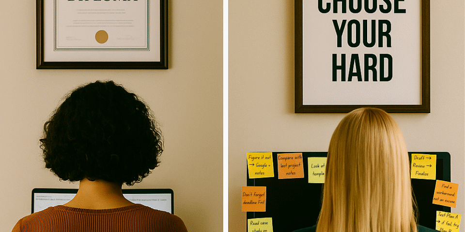 A split-screen photo showing two professionals working at desks from behind. On the left, a woman with curly hair works at a computer beneath a framed diploma on the wall. On the right, a blonde woman works at her desk with sticky notes surrounding her monitor and a framed motivational quote above that reads "CHOOSE YOUR HARD." The contrast highlights credential-based hiring versus skills and problem-solving aptitude.