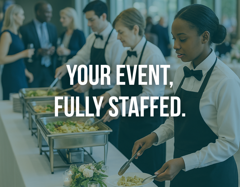atering staff serving guests at a formal event, representing Transnational Staffing’s event staffing services.