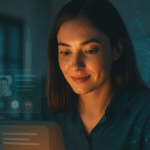 A recruiter sits at her laptop reviewing candidate profiles during a video interview, with glowing chat bubbles and digital circuit overlays symbolizing AI-powered communication and modern hiring technology.