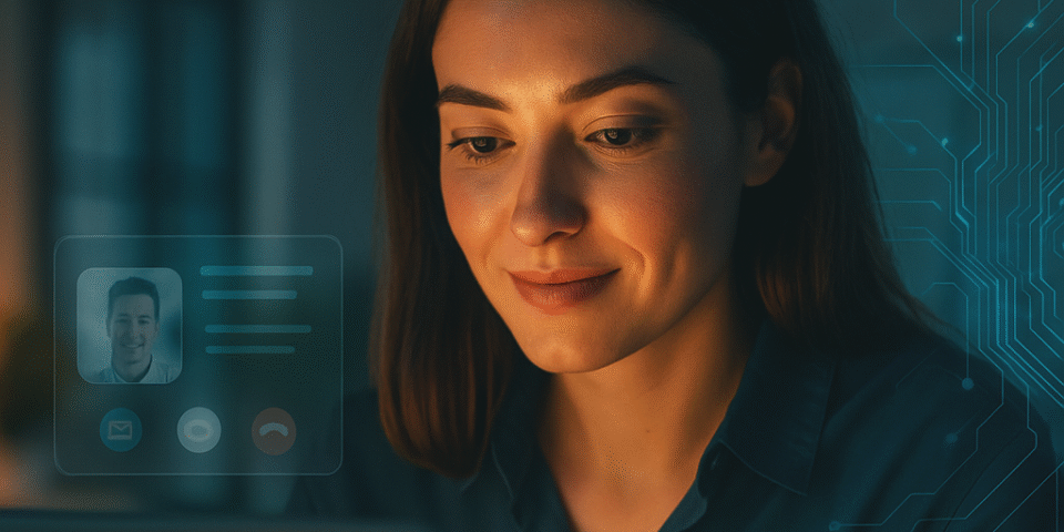 A recruiter sits at her laptop reviewing candidate profiles during a video interview, with glowing chat bubbles and digital circuit overlays symbolizing AI-powered communication and modern hiring technology.