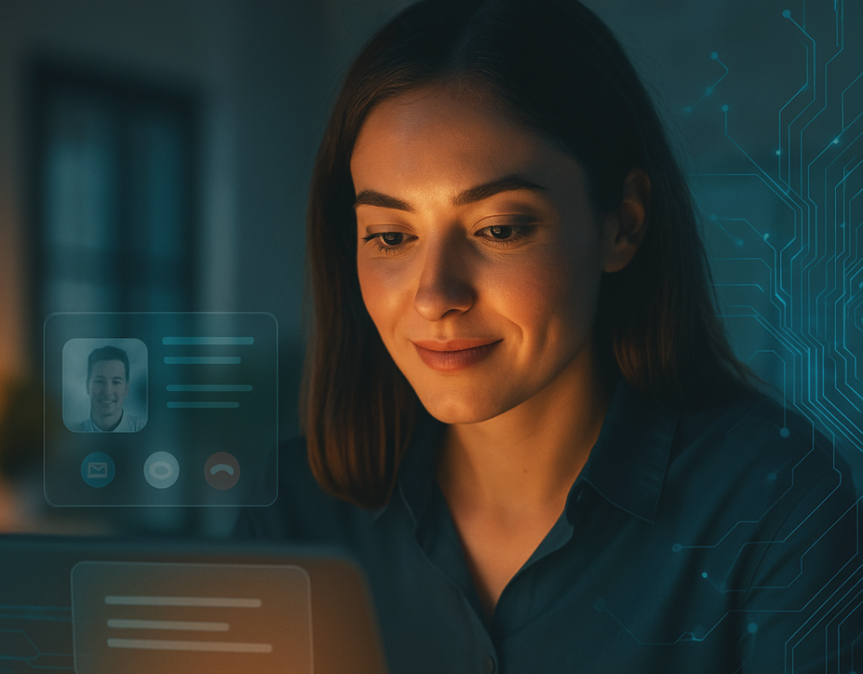 A recruiter sits at her laptop reviewing candidate profiles during a video interview, with glowing chat bubbles and digital circuit overlays symbolizing AI-powered communication and modern hiring technology.