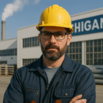 A male manufacturing worker wearing a yellow hard hat and safety glasses stands confidently outside a Michigan industrial plant, symbolizing the strength of the state’s manufacturing and logistics workforce.