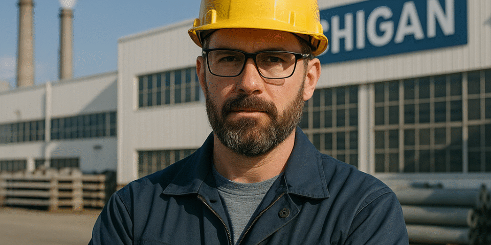 A male manufacturing worker wearing a yellow hard hat and safety glasses stands confidently outside a Michigan industrial plant, symbolizing the strength of the state’s manufacturing and logistics workforce.