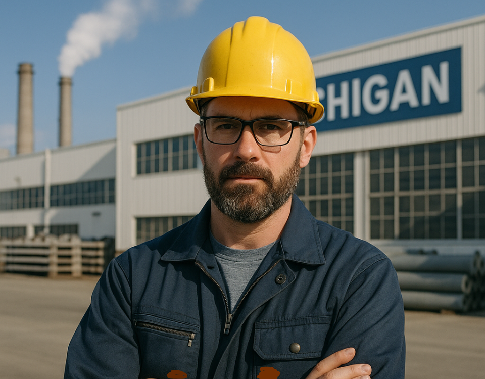 A male manufacturing worker wearing a yellow hard hat and safety glasses stands confidently outside a Michigan industrial plant, symbolizing the strength of the state’s manufacturing and logistics workforce.