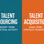 A split infographic comparing Talent Sourcing and Talent Acquisition. The left teal section reads “Talent Sourcing: Short-Term, Tactical Activity,” while the right burnt orange section reads “Talent Acquisition: Long-Term, Strategic Framework,” visually highlighting the difference between short-term hiring and long-term workforce planning.