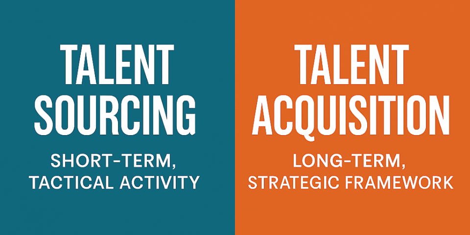 A split infographic comparing Talent Sourcing and Talent Acquisition. The left teal section reads “Talent Sourcing: Short-Term, Tactical Activity,” while the right burnt orange section reads “Talent Acquisition: Long-Term, Strategic Framework,” visually highlighting the difference between short-term hiring and long-term workforce planning.