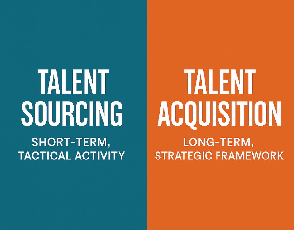 A split infographic comparing Talent Sourcing and Talent Acquisition. The left teal section reads “Talent Sourcing: Short-Term, Tactical Activity,” while the right burnt orange section reads “Talent Acquisition: Long-Term, Strategic Framework,” visually highlighting the difference between short-term hiring and long-term workforce planning.