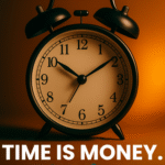 A close-up photo of a classic black alarm clock on a desk, illuminated by a warm orange glow with teal text at the bottom reading “TIME IS MONEY.” The image visually represents the financial impact of time lost in hiring delays, aligning with Transnational Staffing’s “Cost of Vacancy” theme.