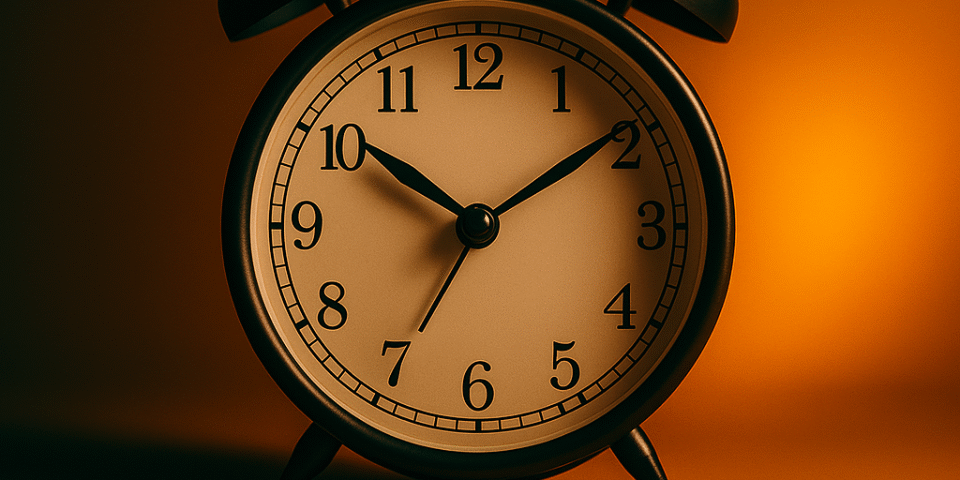 A close-up photo of a classic black alarm clock on a desk, illuminated by a warm orange glow with teal text at the bottom reading “TIME IS MONEY.” The image visually represents the financial impact of time lost in hiring delays, aligning with Transnational Staffing’s “Cost of Vacancy” theme.