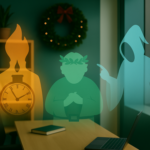 Holiday-themed office graphic featuring symbolic hologram-style silhouettes of the Ghosts of Christmas Past, Present, and Future standing around a modern desk.