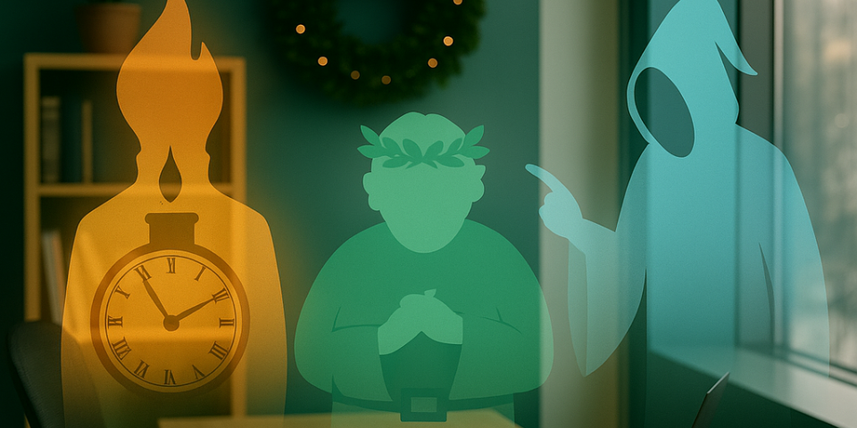 Holiday-themed office graphic featuring symbolic hologram-style silhouettes of the Ghosts of Christmas Past, Present, and Future standing around a modern desk.
