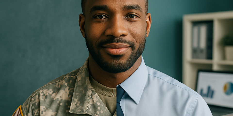 A split-image portrait of a man shown half in a U.S. Army uniform and half in professional business attire, symbolizing the transition from military service to a civilian career.