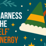 Illustrated elf hat on a festive teal background with stars and decorative foliage elements, representing the concept of bringing enthusiasm and culture add into the workplace.