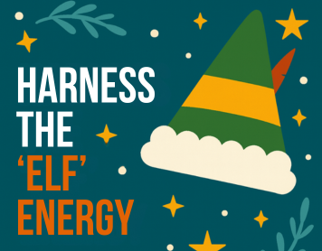 Illustrated elf hat on a festive teal background with stars and decorative foliage elements, representing the concept of bringing enthusiasm and culture add into the workplace.