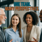 A diverse group of professionals from different generations standing in a workplace huddle, smiling and engaged in conversation, symbolizing cross-generational communication.