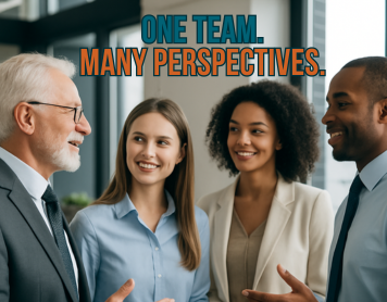 A diverse group of professionals from different generations standing in a workplace huddle, smiling and engaged in conversation, symbolizing cross-generational communication.