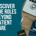 Flat lay of healthcare administrative tools including a laptop, stethoscope, clipboard, and calculator on a desk with a teal background.