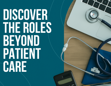 Flat lay of healthcare administrative tools including a laptop, stethoscope, clipboard, and calculator on a desk with a teal background.