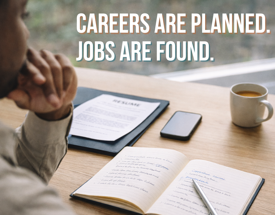 Person reviewing a resume and career notes at a desk, representing the difference between a job search and a career strategy.