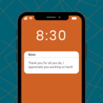 Smartphone displaying a message from a boss thanking an employee for their hard work, symbolizing workplace appreciation and employee recognition.