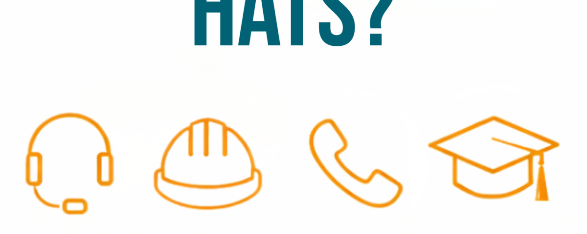 Graphic showing “Too Many Hats?” with icons representing multiple job roles and message “We’ll wear a few for you,” illustrating staffing support solutions for businesses
