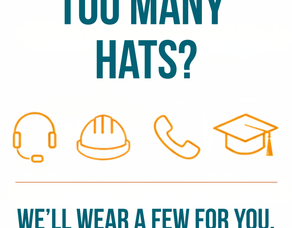 Graphic showing “Too Many Hats?” with icons representing multiple job roles and message “We’ll wear a few for you,” illustrating staffing support solutions for businesses
