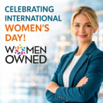 Professional woman representing a women-owned business celebrating International Women’s Day with WBENC Women Owned certification and Transnational Staffing branding.