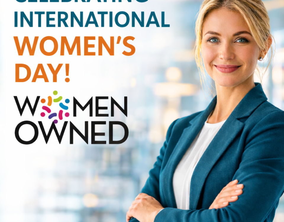 Professional woman representing a women-owned business celebrating International Women’s Day with WBENC Women Owned certification and Transnational Staffing branding.