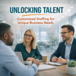 Professional team meeting in a modern office representing customized staffing solutions for businesses in Southeast Michigan